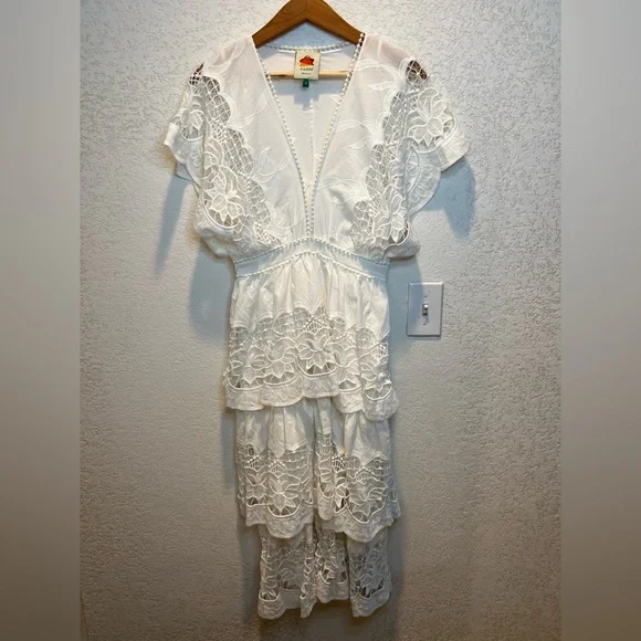 NWOT Farm Rio Off White Richelier MIDI Tiered Dress Eyelet Embroidery size XS - Picture 9 of 12